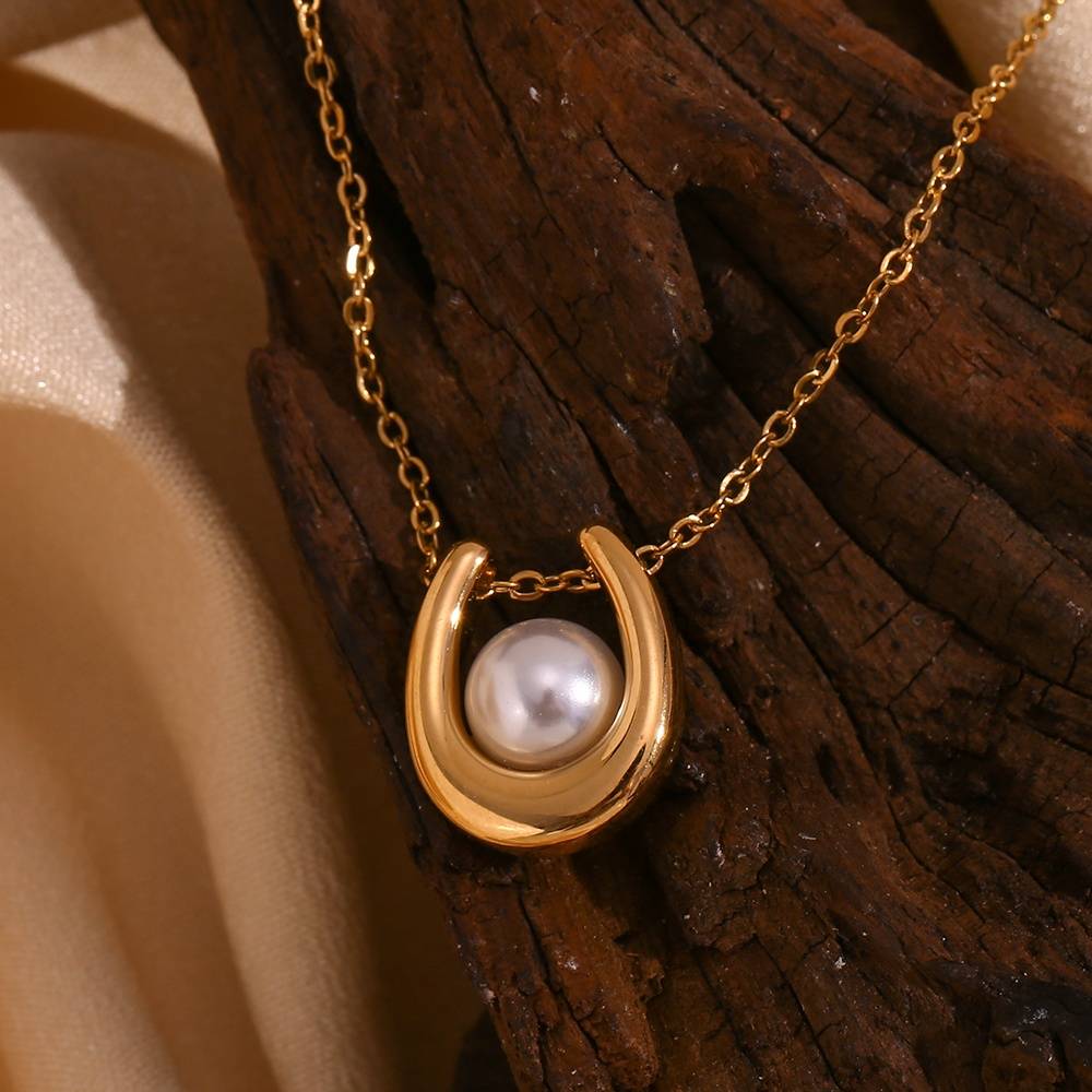 Pearl Embellished U Necklace - 18KT Gold Plated Krystal Touch