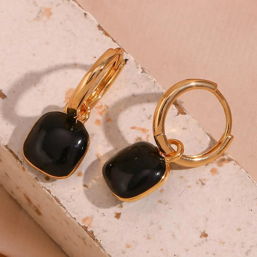 Double Enamel Black Square Drops – 18KT Gold Plated - Krystal Touch