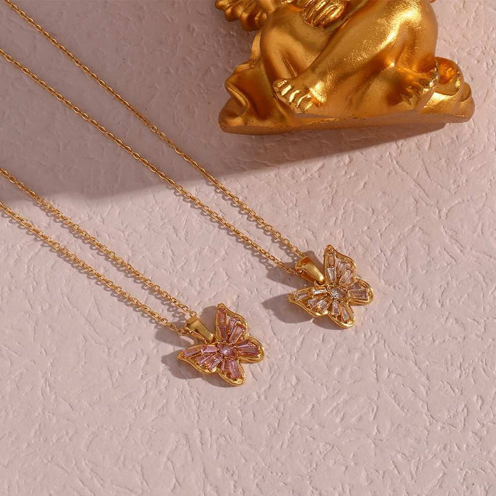 Butterfly Zircon Pendent Necklace - 18k Gold Plated