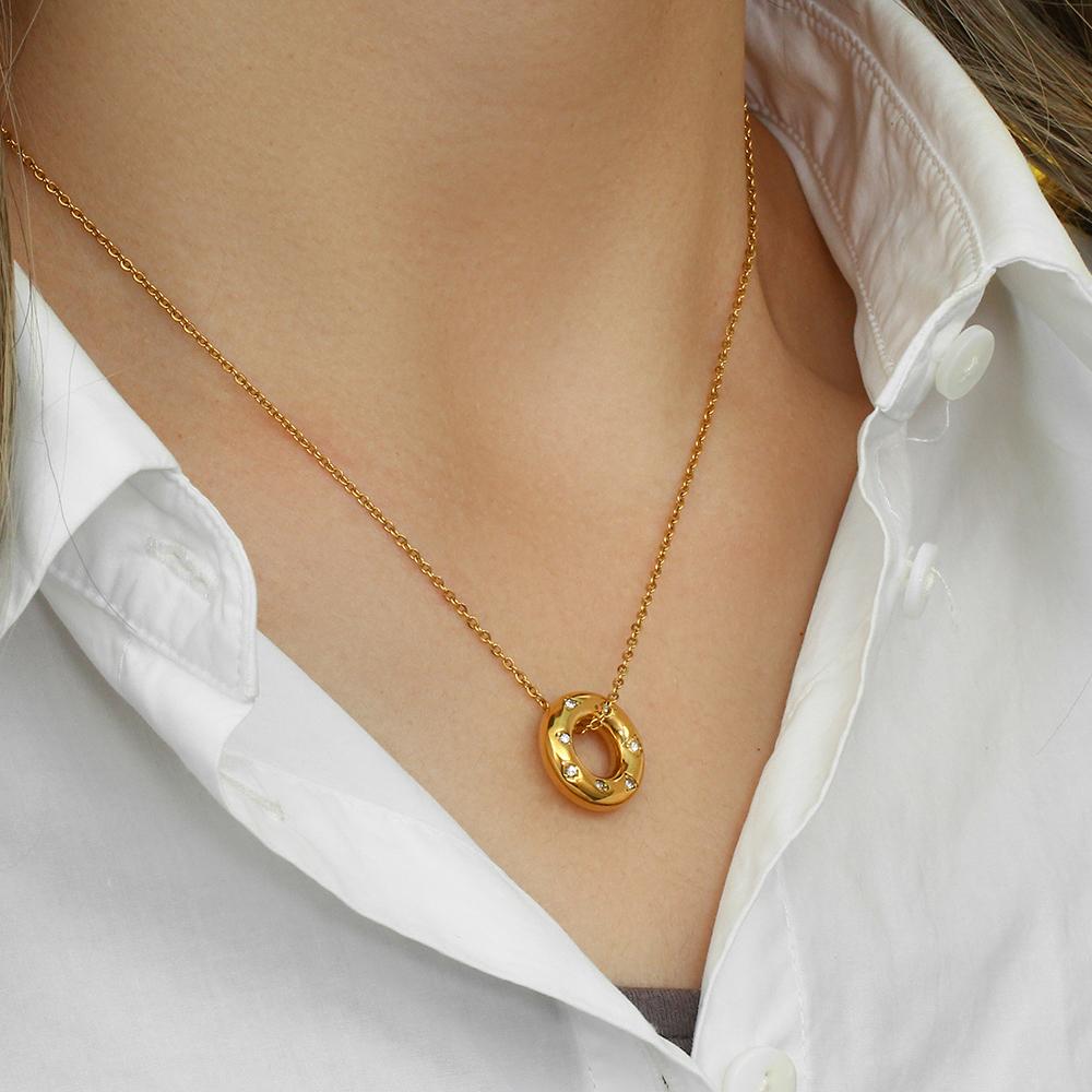 Chunky Donut Necklace Earring Set - 18KT Gold Plated Krystal Touch