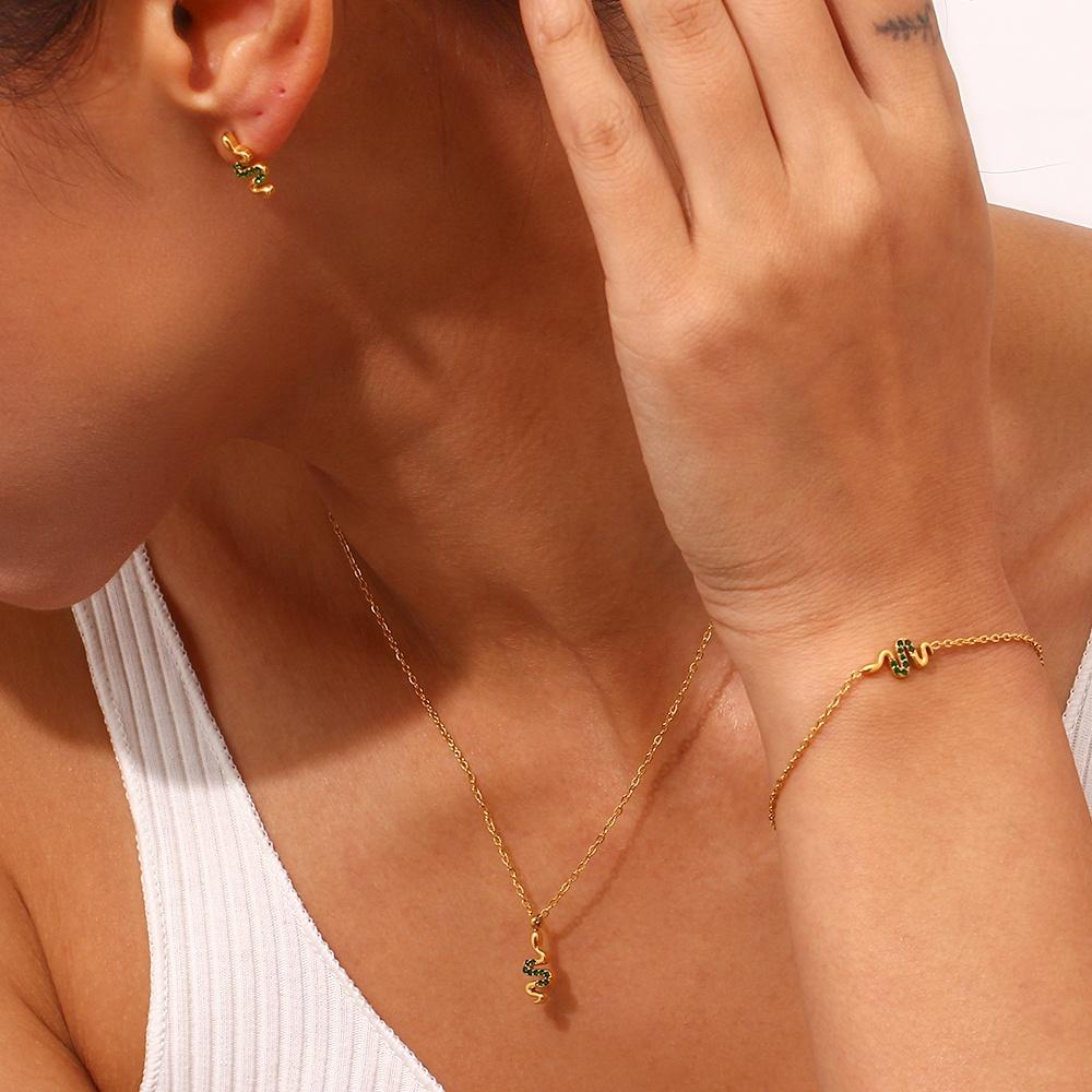 Dainty Snake Necklace Earring Bracelet Set - 18KT Gold Plated Krystal Touch