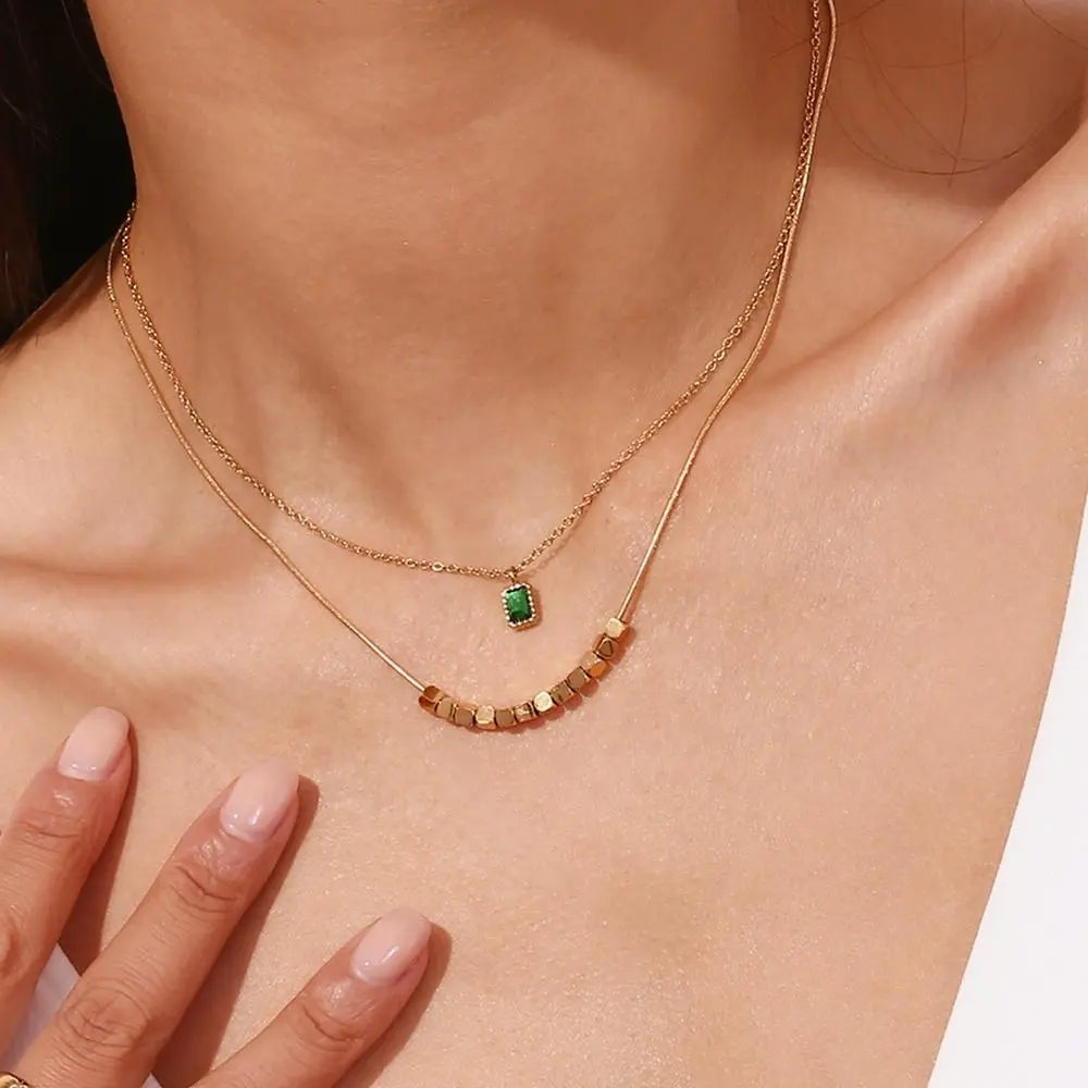 Emerald Green Double-Layered Necklace – 18KT Gold Plated - Krystal Touch