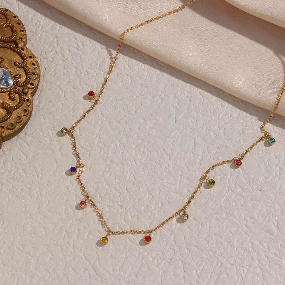 Stylish Round Multi Stone  Pendant Necklace - 18k Gold Plated