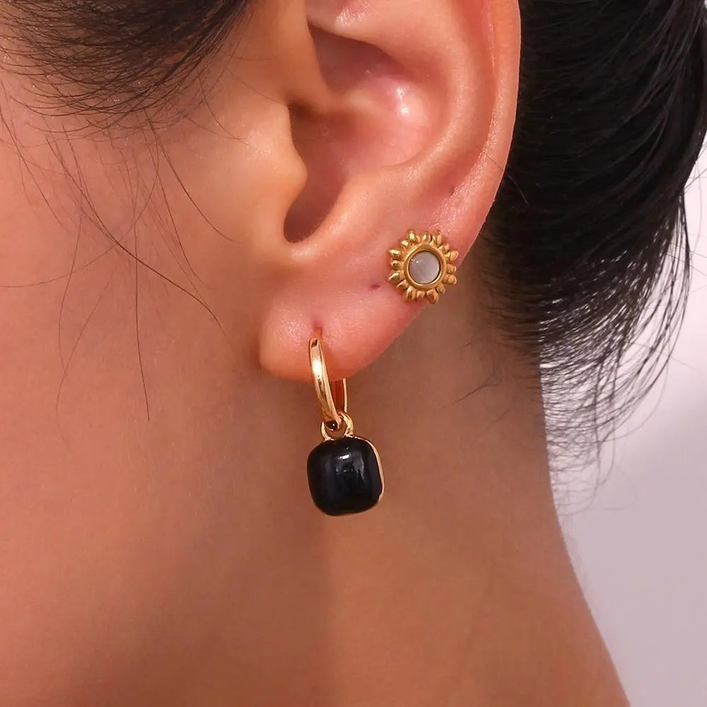 Double Enamel Black Square Drops – 18KT Gold Plated - Krystal Touch