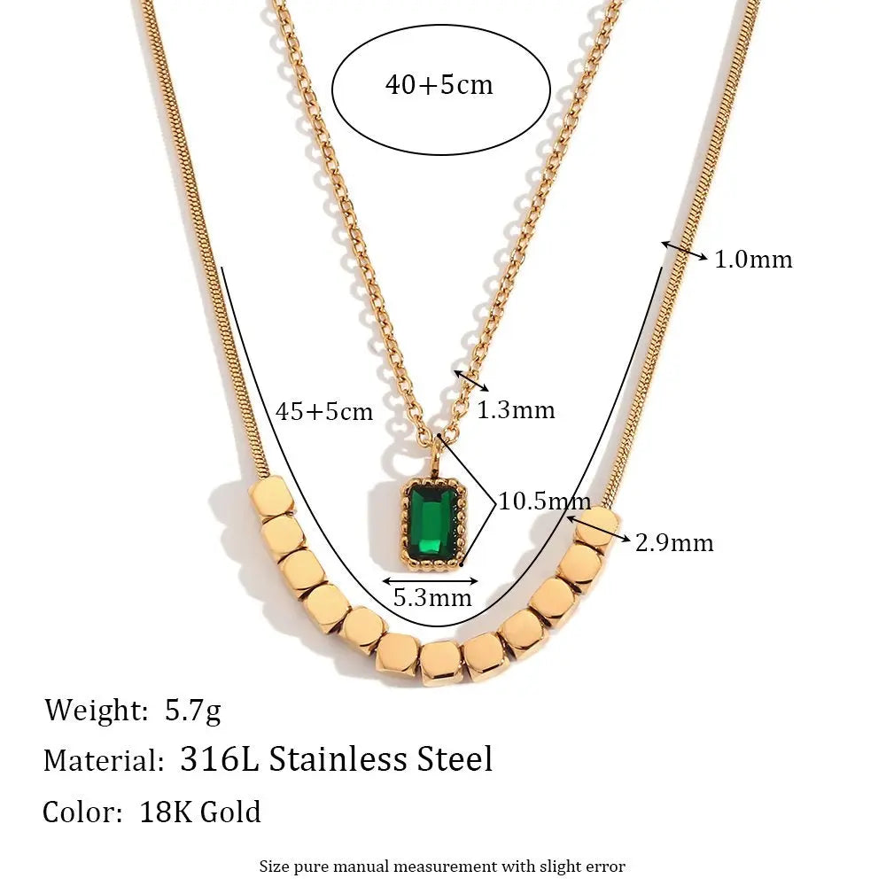 Emerald Green Double-Layered Necklace – 18KT Gold Plated - Krystal Touch
