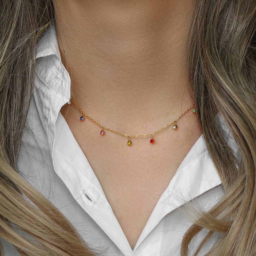 Stylish Round Multi Stone Necklace - 18KT Gold Plated Krystal Touch