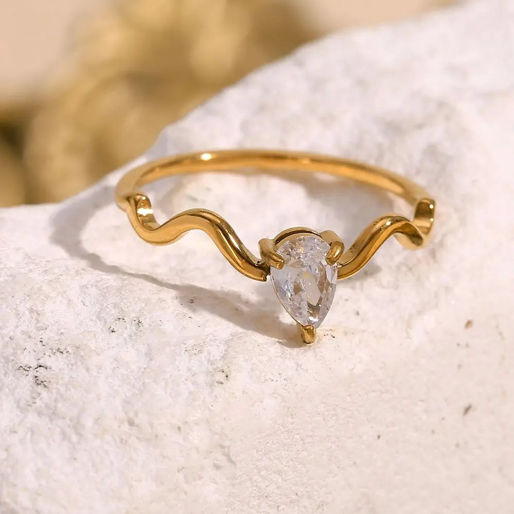 Twisted Dewdrop Ring – 18KT Gold Plated - Krystal Touch