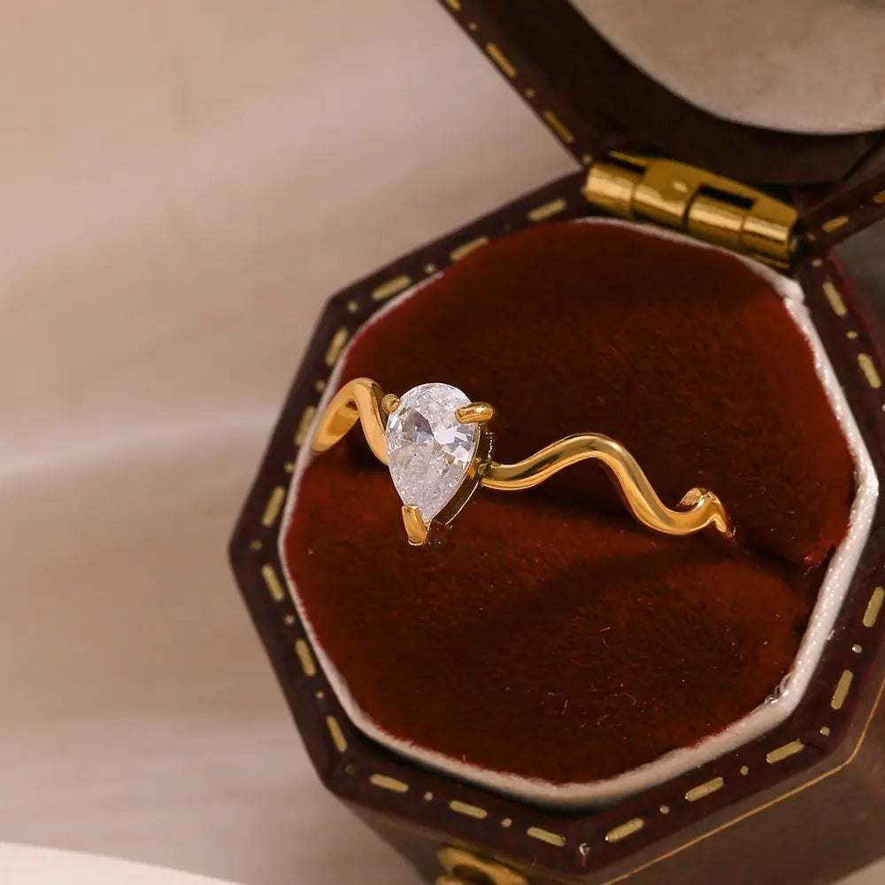 Twisted Dewdrop Ring – 18KT Gold Plated - Krystal Touch