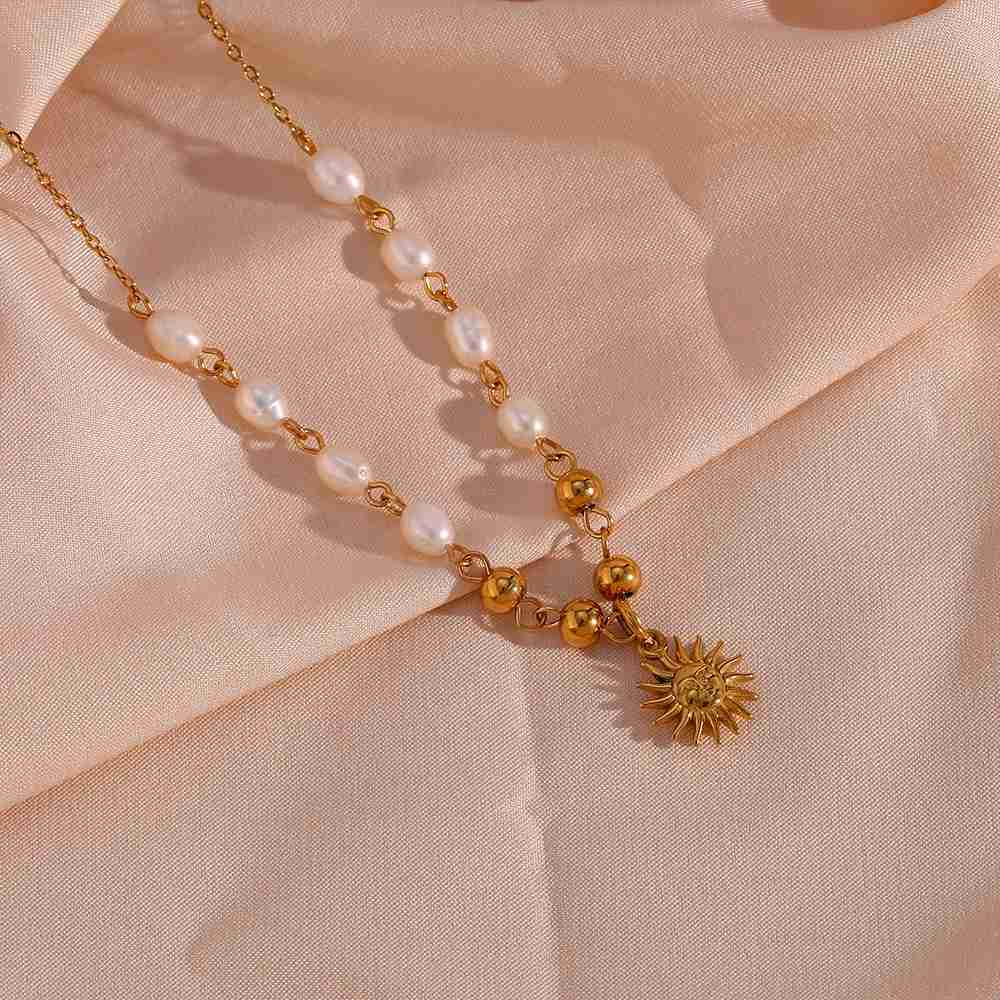 Sun Crest Fresh Water Pearl Necklace - 18KT Gold Plated Krystal Touch