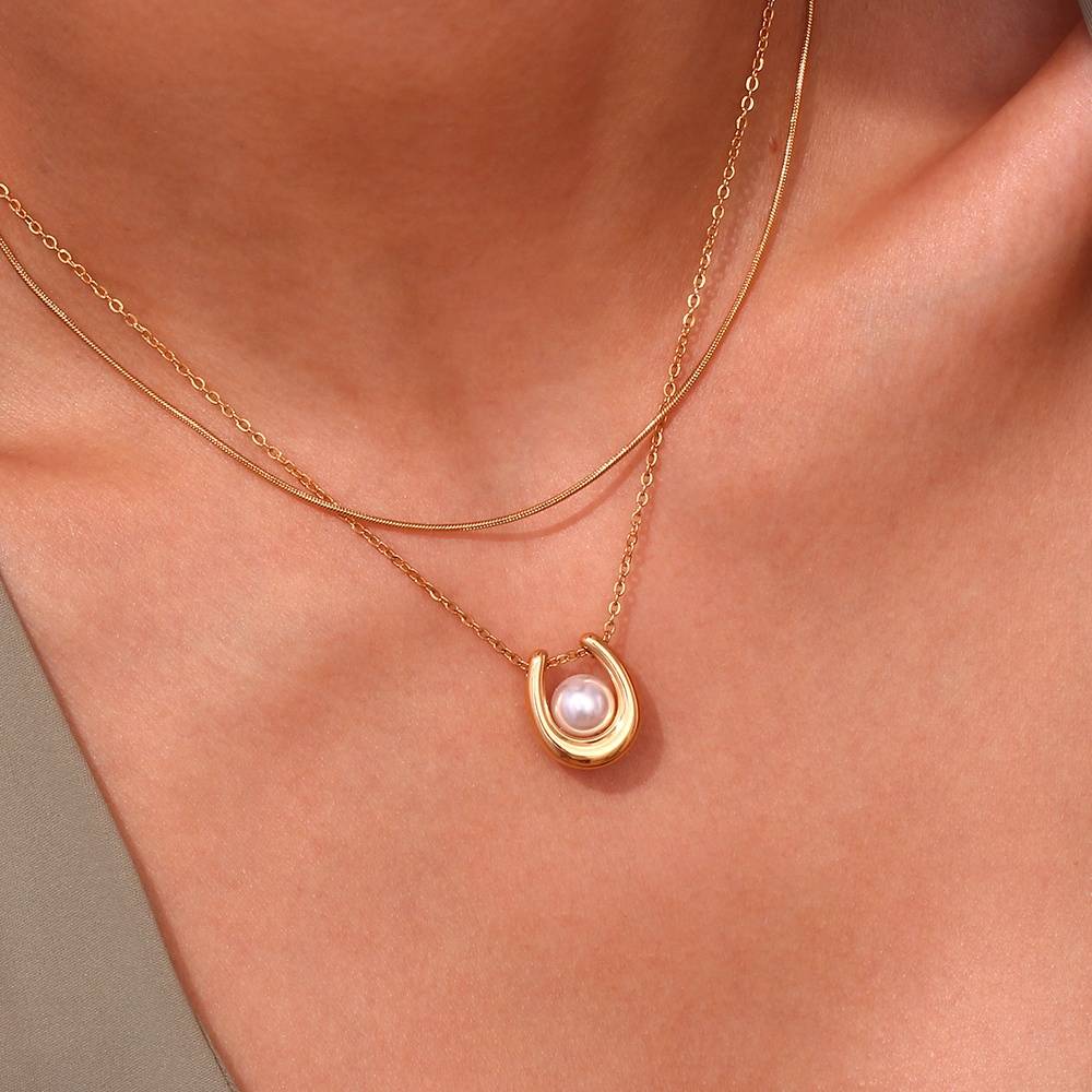 Pearl Embellished U Necklace - 18KT Gold Plated Krystal Touch