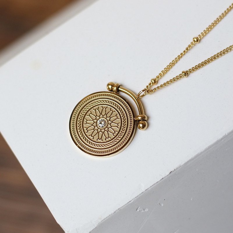 Double Layered Roman Compass Necklace - 18KT Gold Plated Krystal Touch