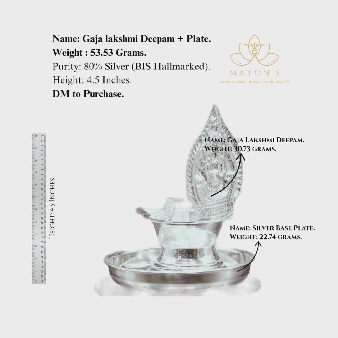 Gaja Lakshmi Silver Deepam with Plate – 80% BIS Hallmarked | 53.53g | 4.5 Inches