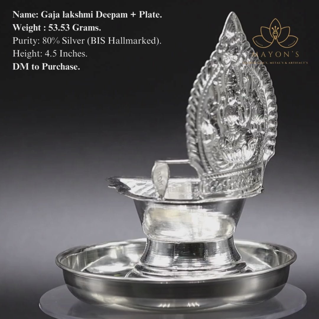 Gaja Lakshmi Silver Deepam with Plate – 80% BIS Hallmarked | 53.53g | 4.5 Inches